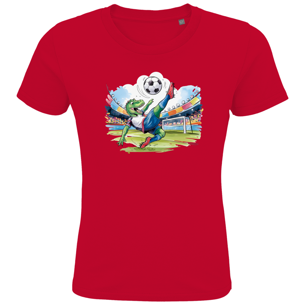Kinder T-Shirt "Soccer Rex" für Jungen mit Fußball Motiv in Rot: Sportlicher T-Rex beim Fallrückzieher im Fußballstadion