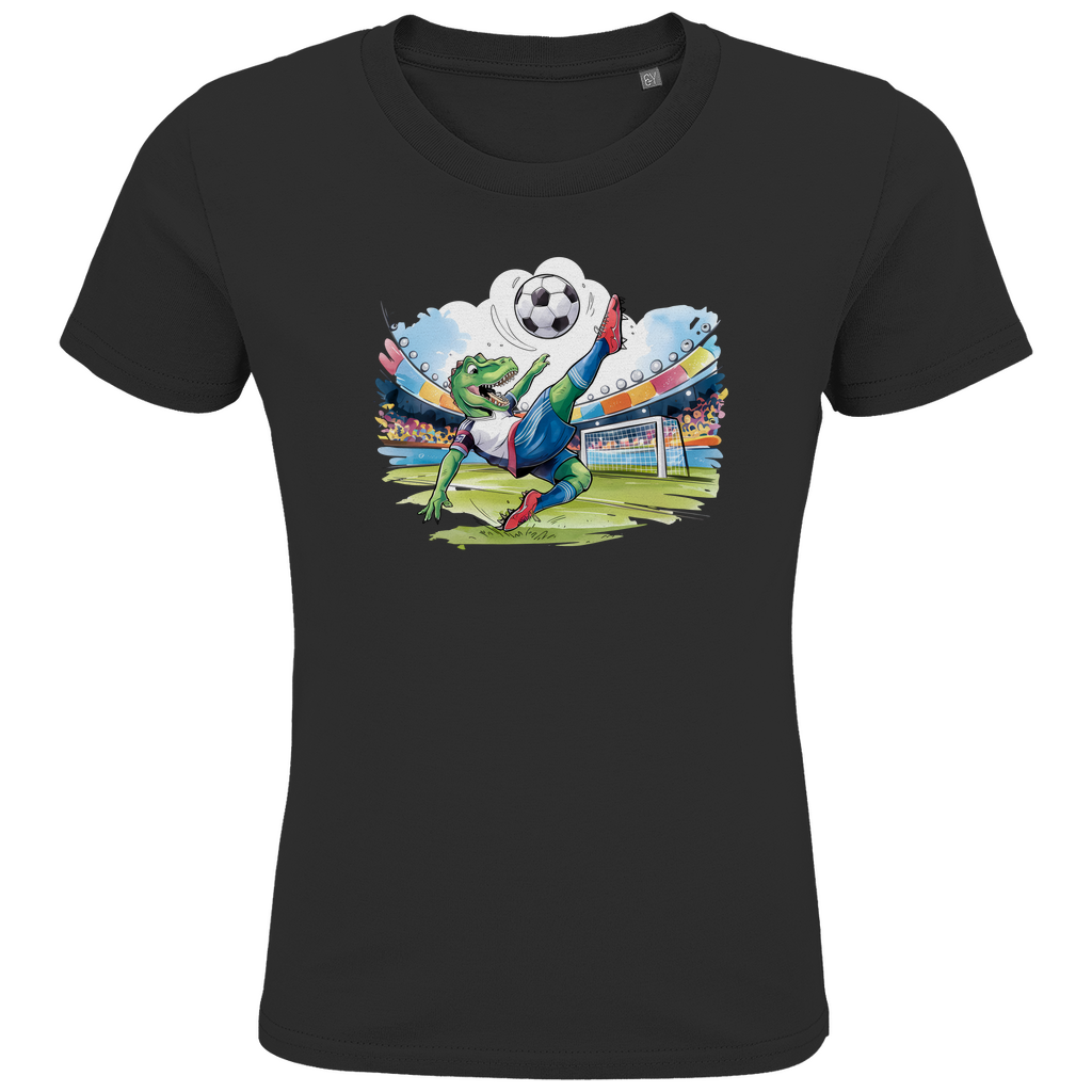 Kinder T-Shirt "Soccer Rex" für Jungen mit Fußball Motiv in Schwarz: Sportlicher T-Rex beim Fallrückzieher im Fußballstadion