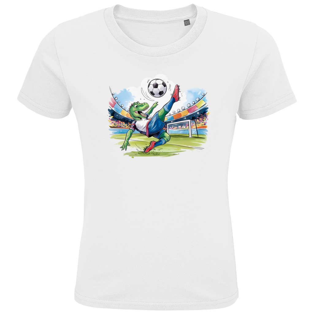 Kinder T-Shirt "Soccer Rex" für Jungen mit Fußball Motiv in Weiß: Sportlicher T-Rex beim Fallrückzieher im Fußballstadion