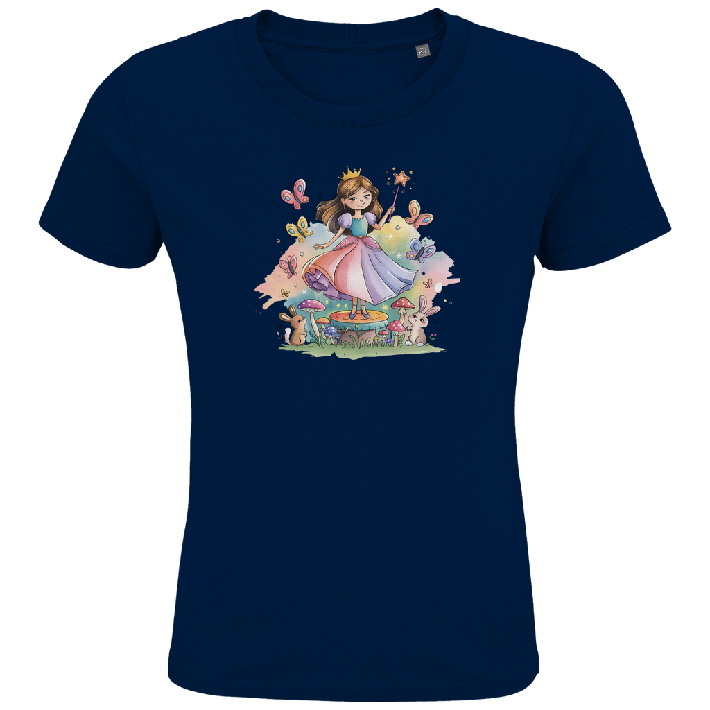 Kinder T-Shirt "Fairy Princess" für Mädchen mit Prinzessinnen Motiv in Navy Blau: Prinzessin im Märchenwald mit Häschen und Schmetterlingen
