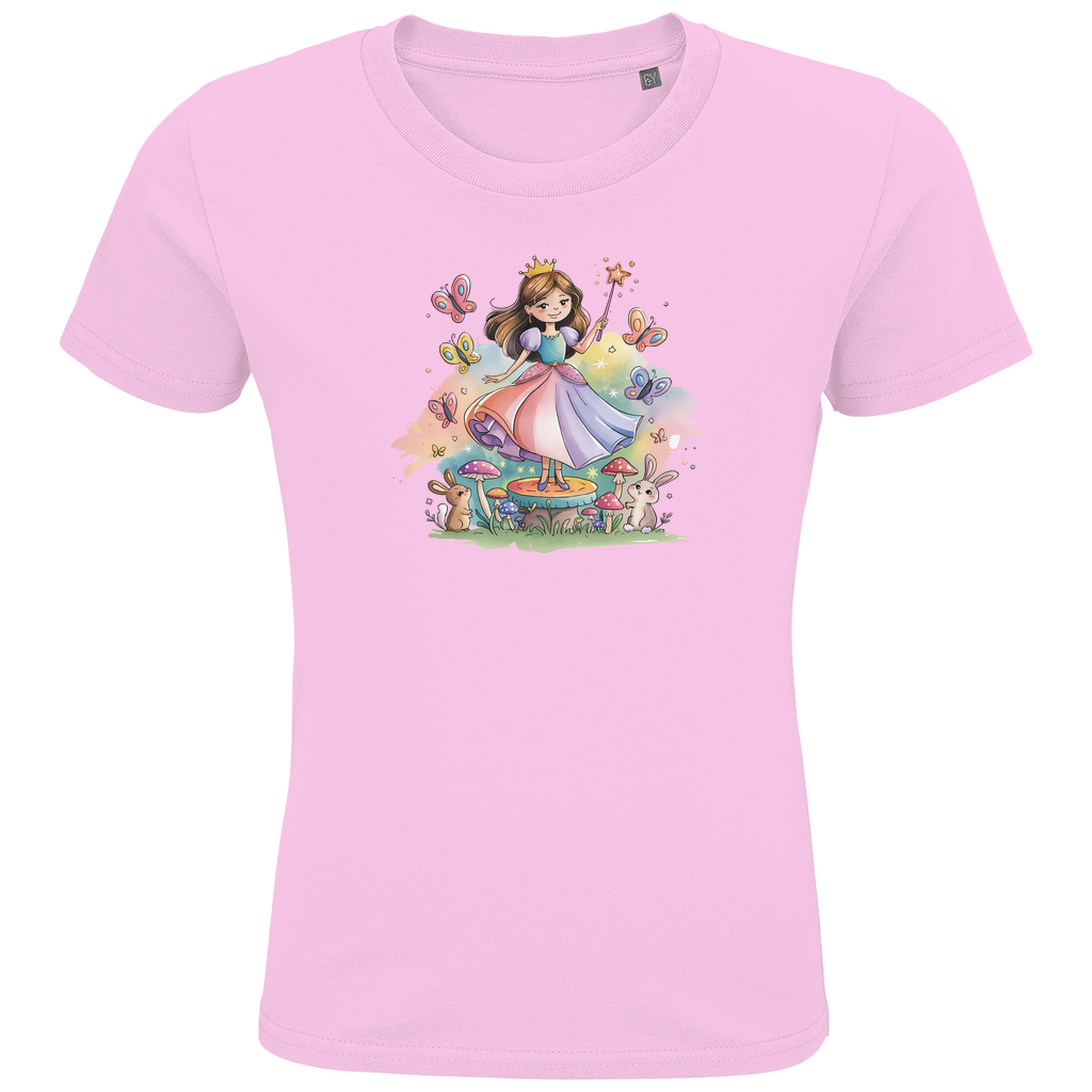 Kinder T-Shirt "Fairy Princess" für Mädchen mit Prinzessinnen Motiv in Rosa: Prinzessin im Märchenwald mit Häschen und Schmetterlingen