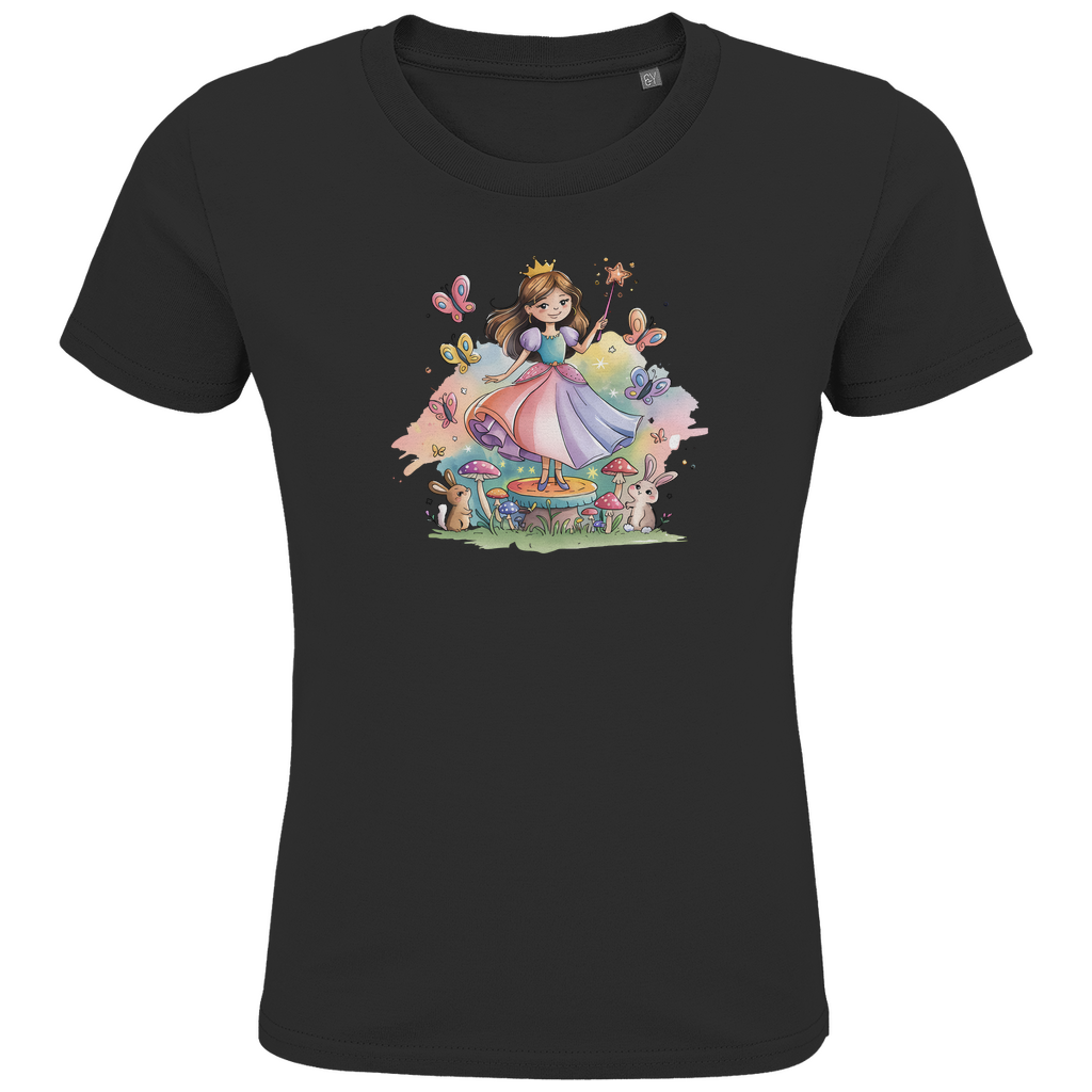 Kinder T-Shirt "Fairy Princess" für Mädchen mit Prinzessinnen Motiv in Schwarz: Prinzessin im Märchenwald mit Häschen und Schmetterlingen