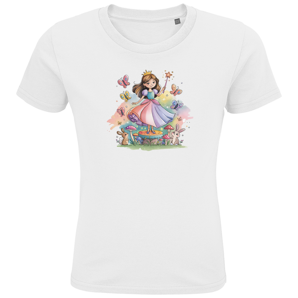 Kinder T-Shirt "Fairy Princess" für Mädchen mit Prinzessinnen Motiv in Weiß: Prinzessin im Märchenwald mit Häschen und Schmetterlingen
