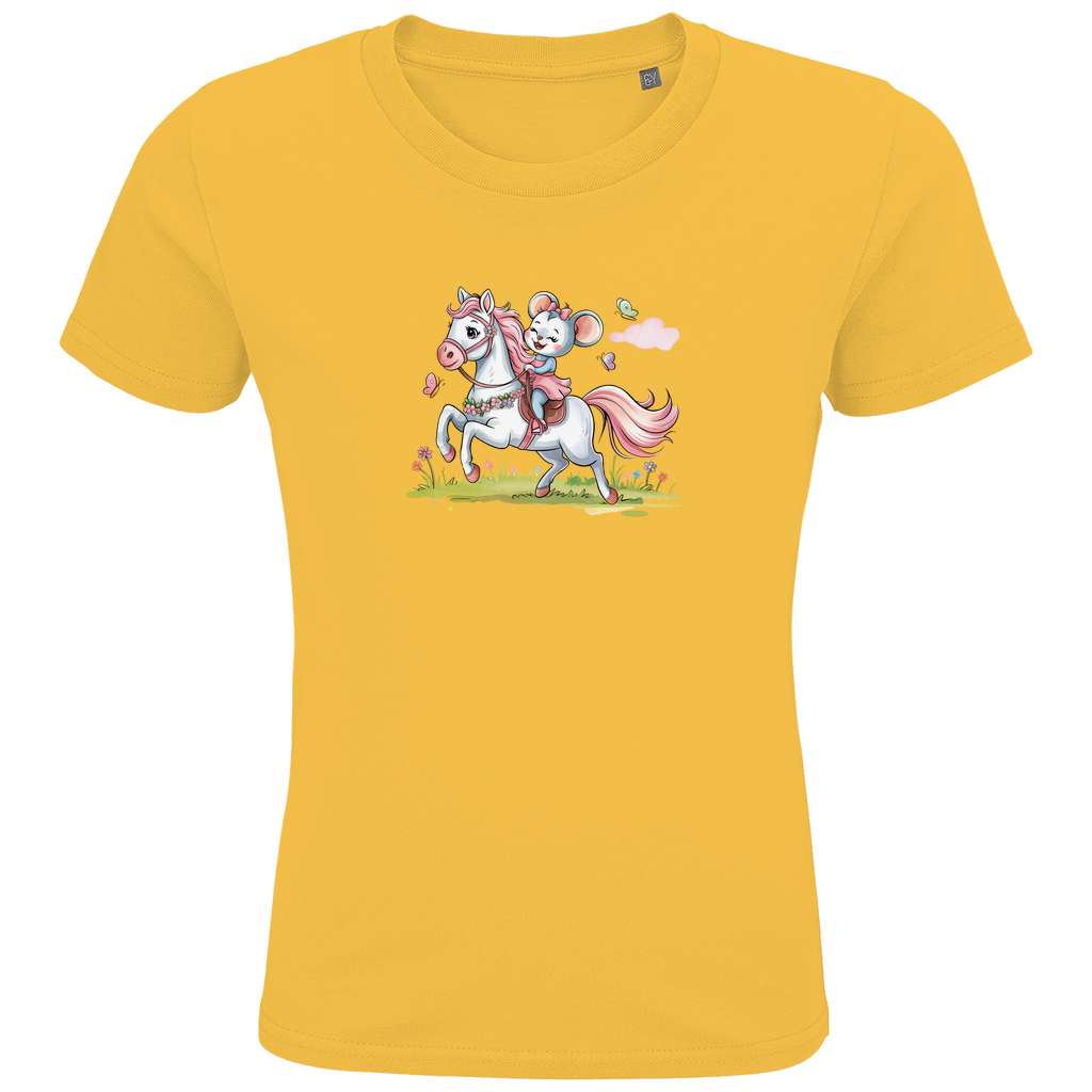 Kinder T-Shirt "Little Rider" für Mädchen mit Pferde Motiv in Gelb: Kleine Maus reitet auf weißem Pony durch Frühlingswiese mit Schmetterlingen