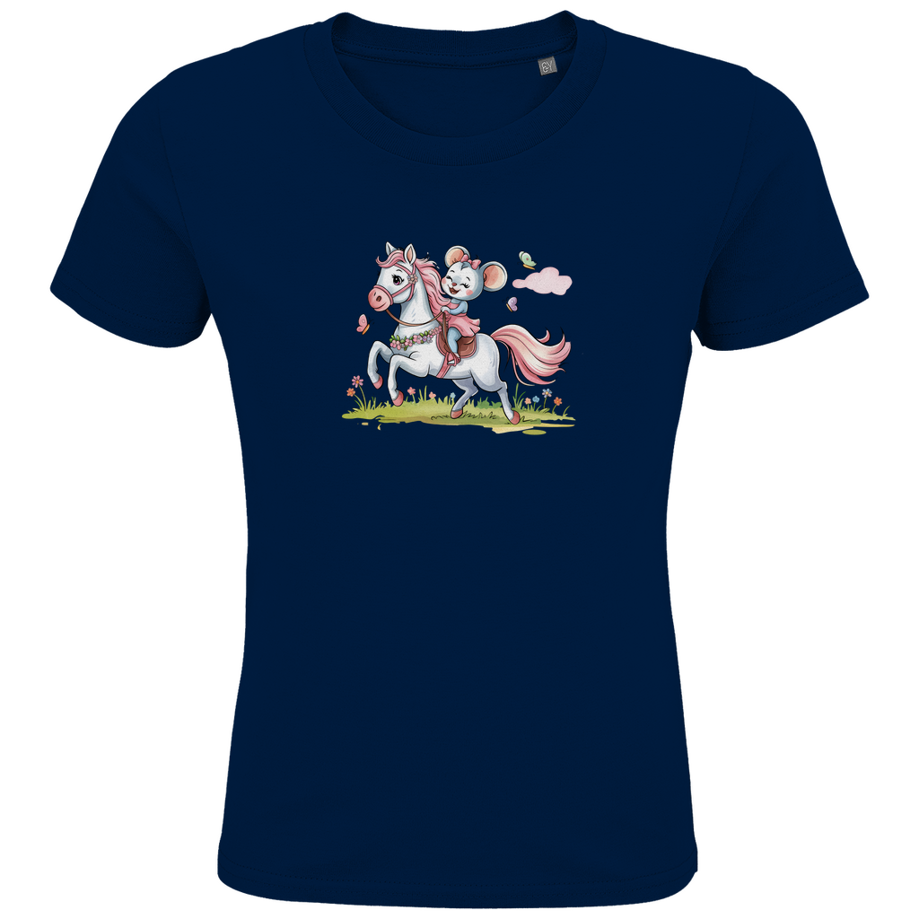 Kinder T-Shirt "Little Rider" für Mädchen mit Pferde Motiv in Navy Blau: Kleine Maus reitet auf weißem Pony durch Frühlingswiese mit Schmetterlingen