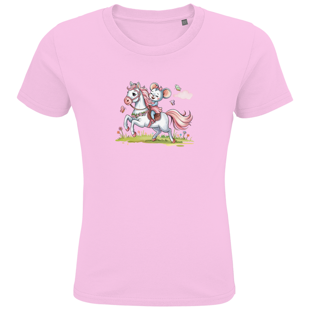 Kinder T-Shirt "Little Rider" für Mädchen mit Pferde Motiv in Rosa: Kleine Maus reitet auf weißem Pony durch Frühlingswiese mit Schmetterlingen
