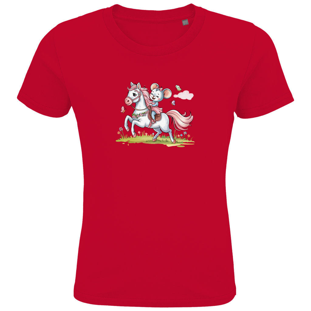 Kinder T-Shirt "Little Rider" für Mädchen mit Pferde Motiv in Rot: Kleine Maus reitet auf weißem Pony durch Frühlingswiese mit Schmetterlingen