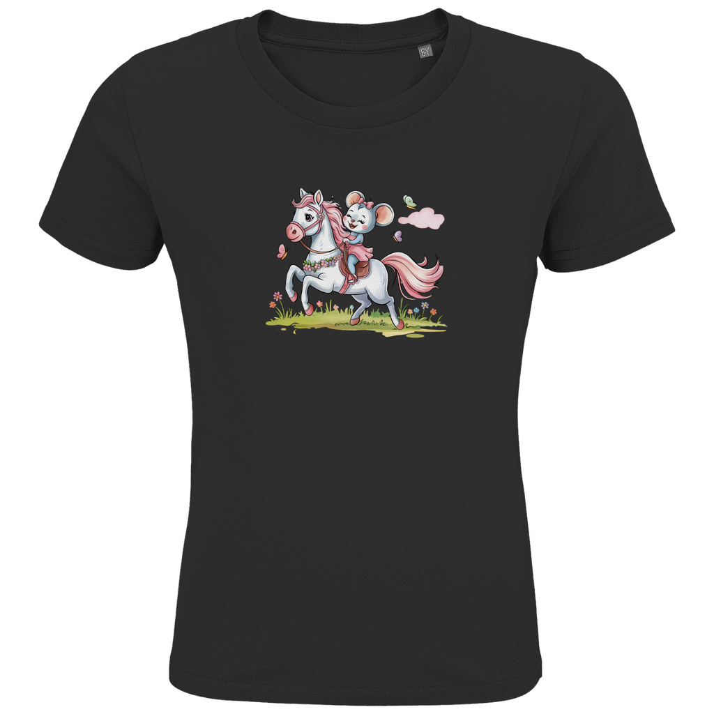 Kinder T-Shirt "Little Rider" für Mädchen mit Pferde Motiv in Schwarz: Kleine Maus reitet auf weißem Pony durch Frühlingswiese mit Schmetterlingen