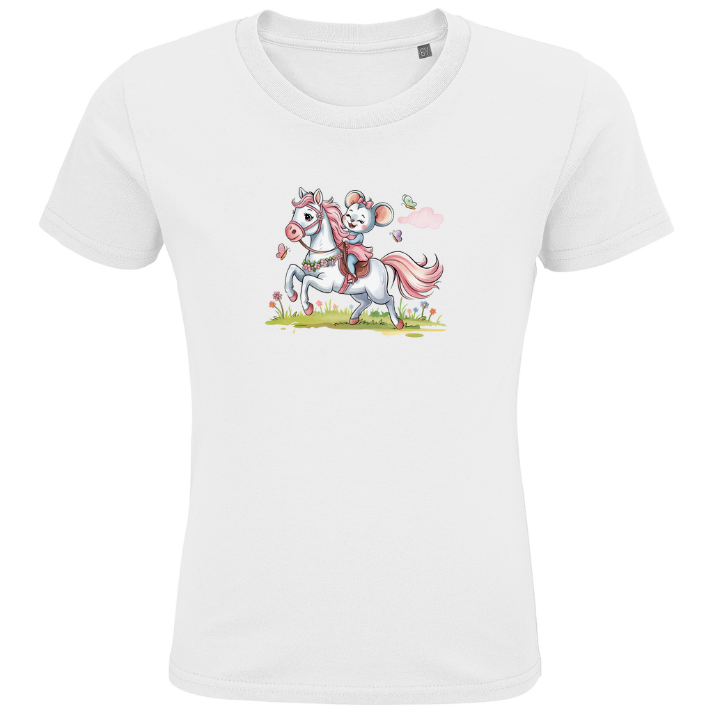 Kinder T-Shirt "Little Rider" für Mädchen mit Pferde Motiv in Weiß: Kleine Maus reitet auf weißem Pony durch Frühlingswiese mit Schmetterlingen