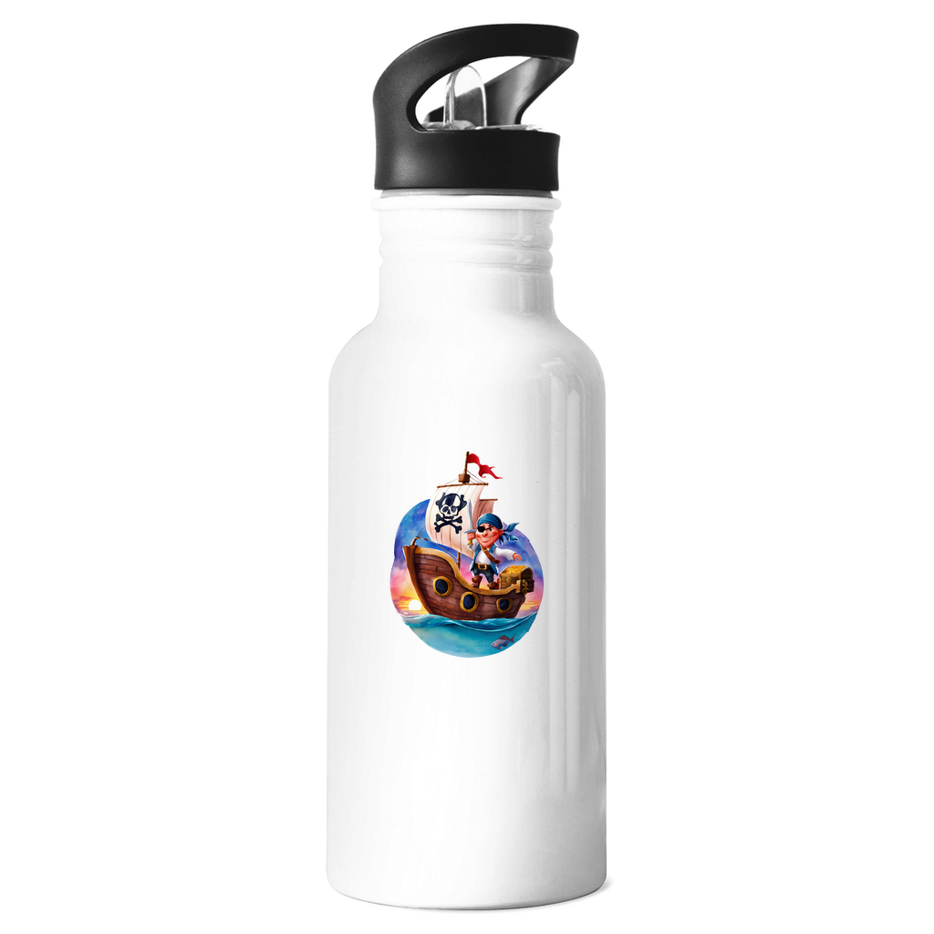 Kinder Edelstahl Trinkflasche "Little Pirate" für Jungen mit Piraten Motiv: Kleiner Pirat auf Segelschiff mit Schatztruhe im Sonnenuntergang