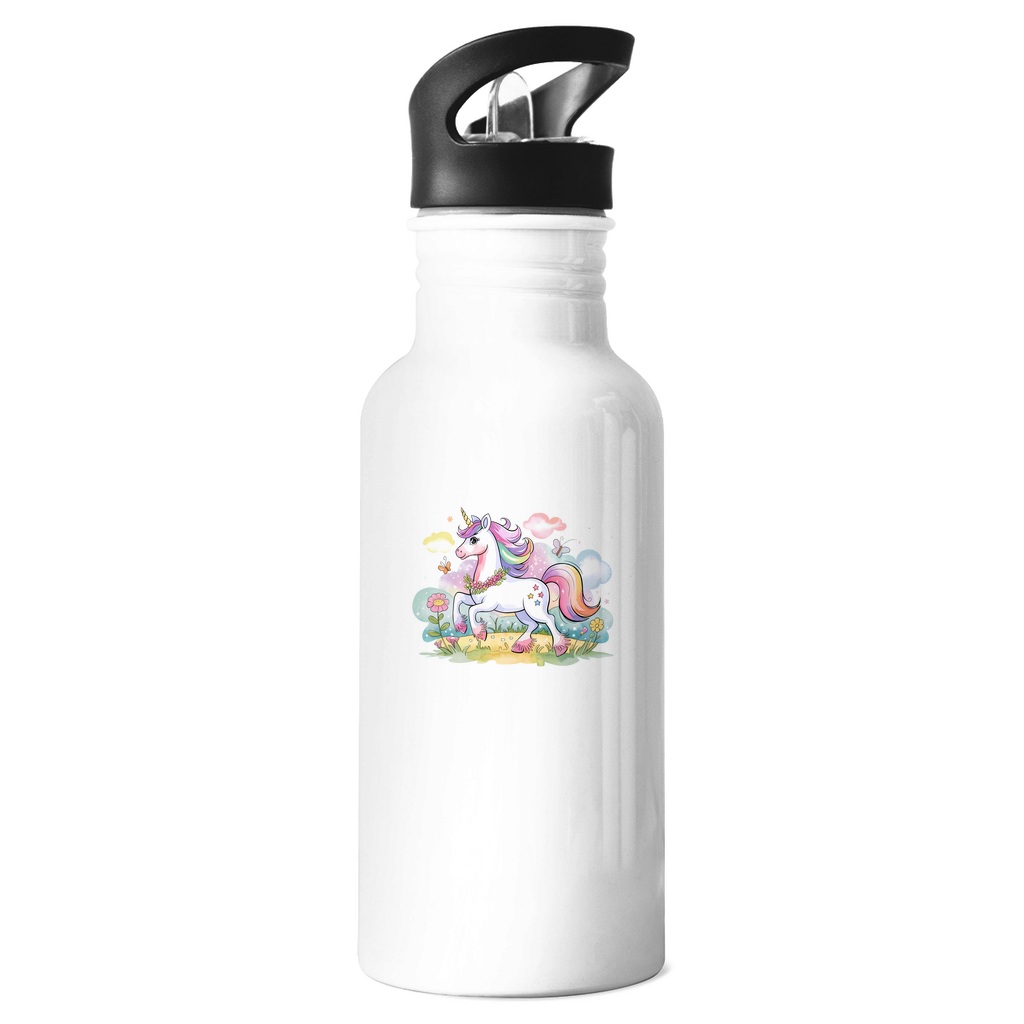Kinder Edelstahl Trinkflasche "Magic Unicorn" für Mädchen mit Einhorn Motiv: Zauberhaftes Einhorn mit Regenbogenmähne auf Blumenwiese mit Schmetterlingen