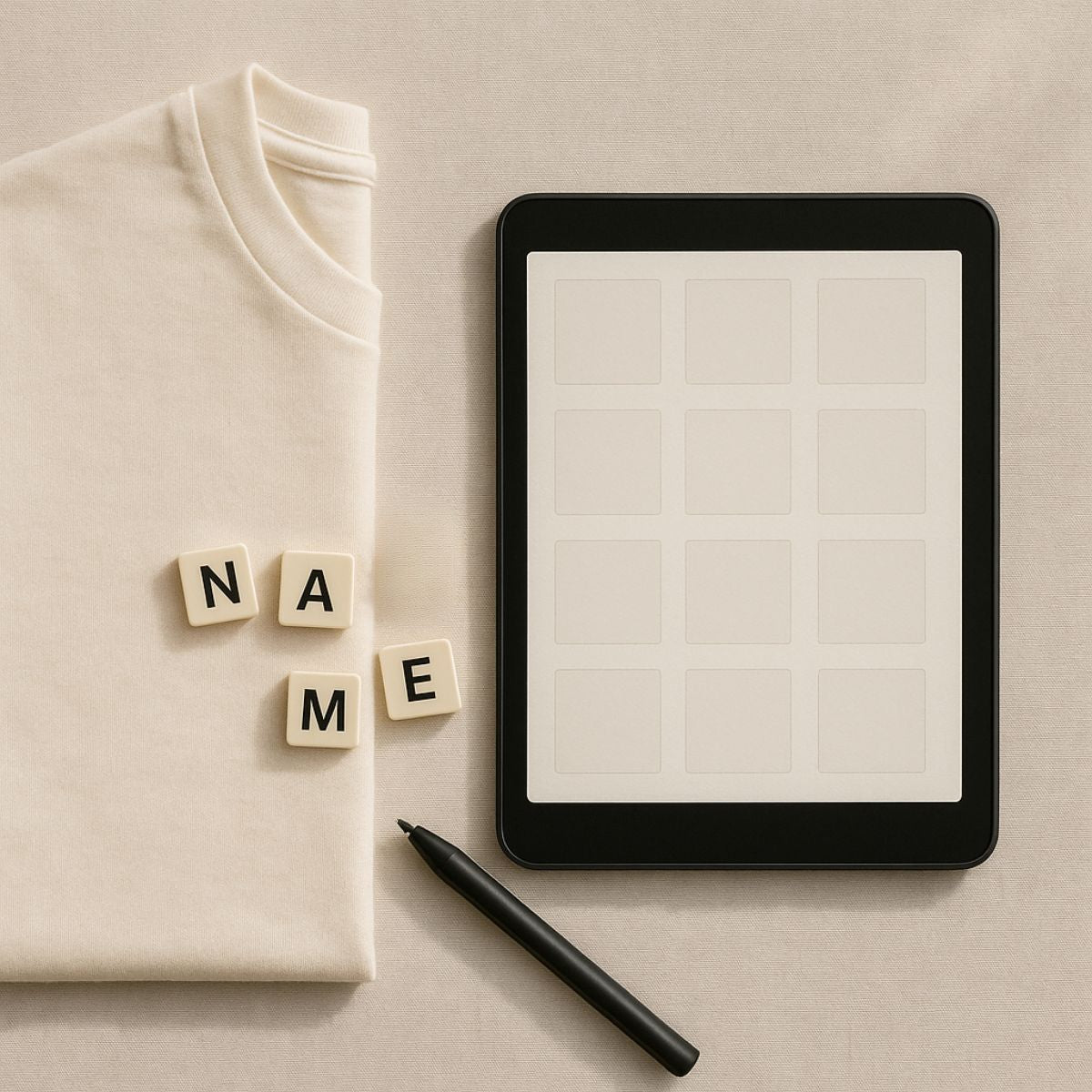Kachel So funktioniert’s – Schritt Anpassen: Bio-Baumwoll-T-Shirt neben Tablet und Buchstabensteinen, die einen Namen formen – Personalisierung mit Wunschtext