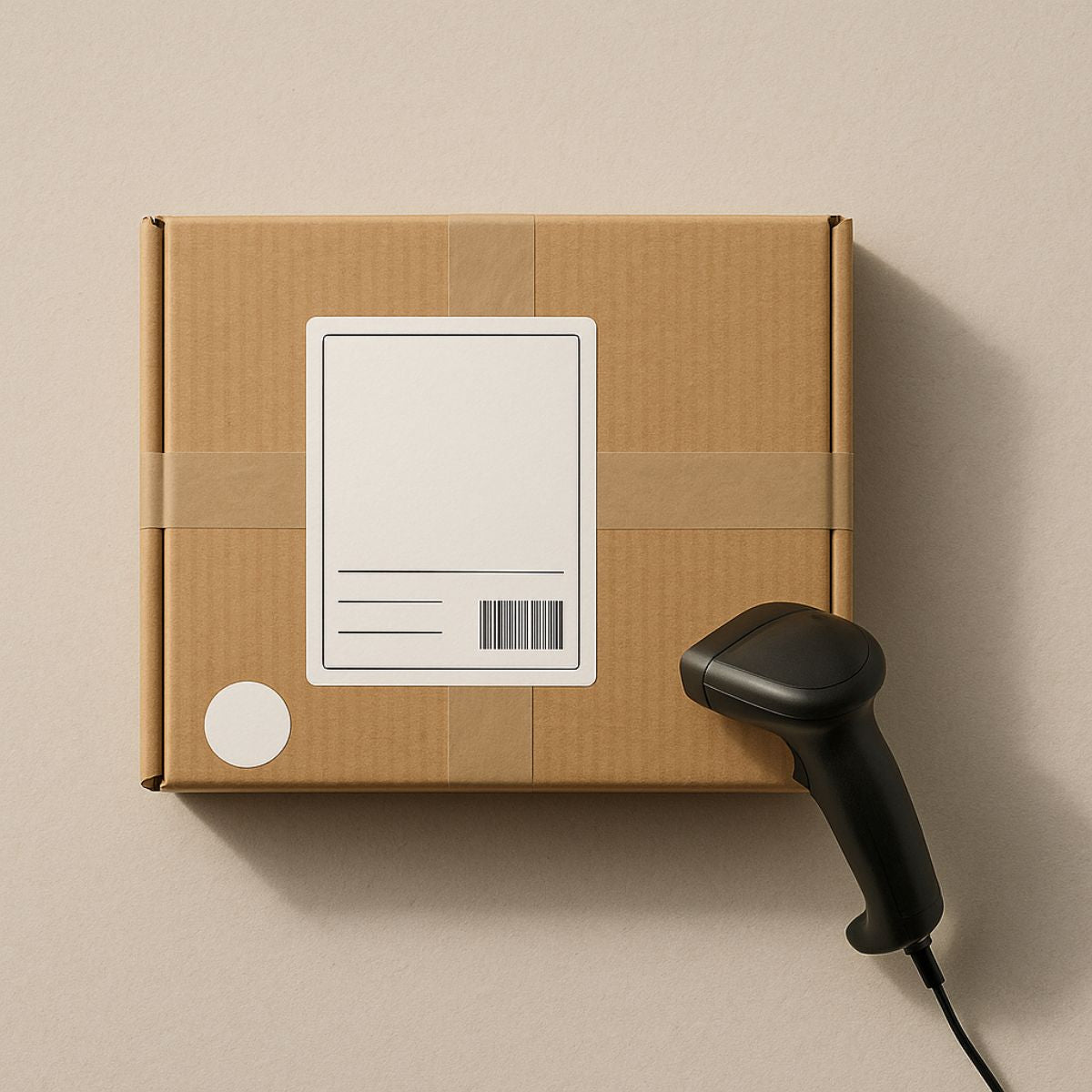 Kachel So funktioniert’s – Schritt Gefertigt & versendet: Versandkarton aus Kraftpapier mit Versandlabel und Barcode-Scanner auf neutralem Hintergrund – On-Demand gefertigt und transparent nachverfolgbar