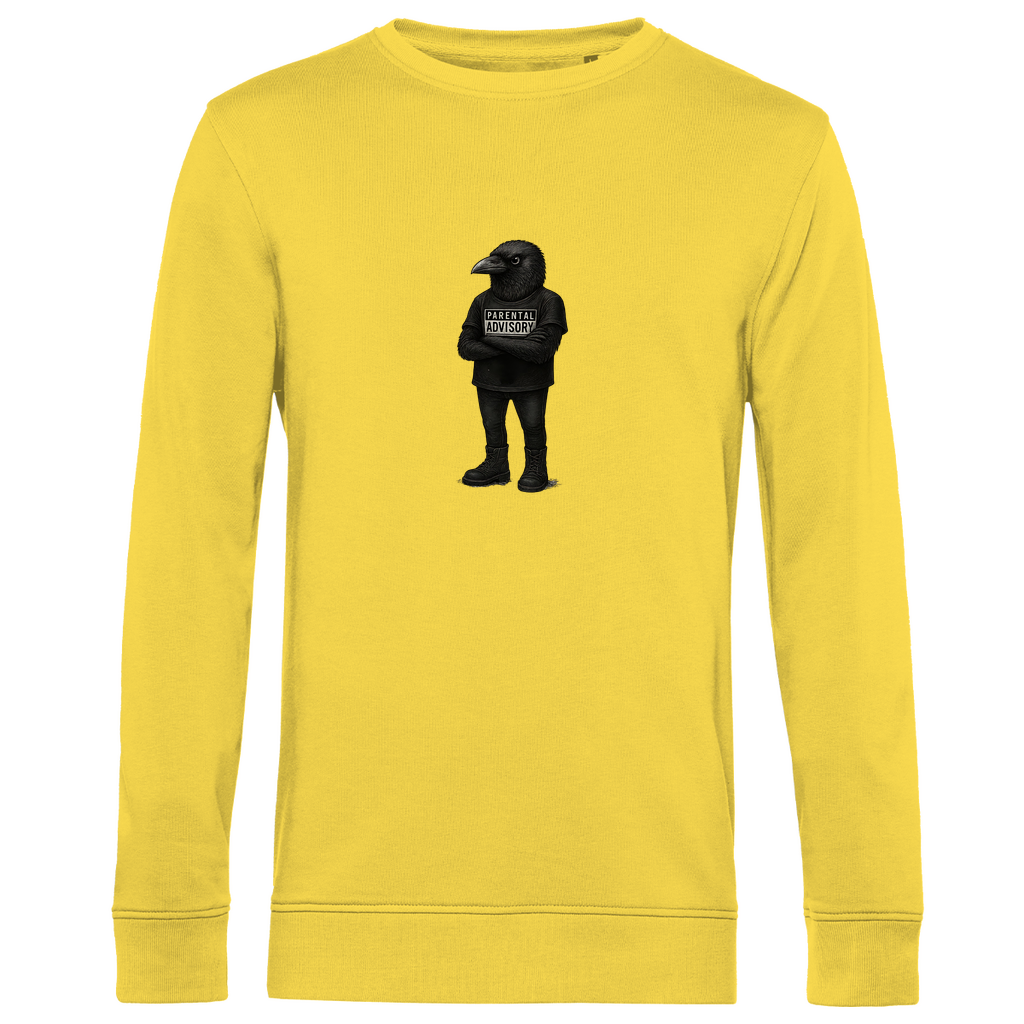 Herren Sweatshirt "Bird of Dadness" aus Bio-Baumwolle in Gelb mit gezeichneter Rabenillustration und Parental Advisory Motiv – stylischer Look für moderne Männer