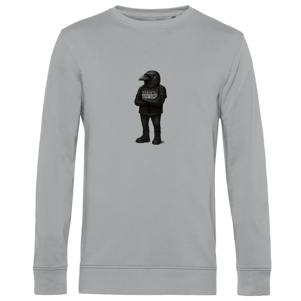Herren Sweatshirt "Bird of Dadness" aus Bio-Baumwolle in Grau mit gezeichneter Rabenillustration und Parental Advisory Motiv – stylischer Look für moderne Männer