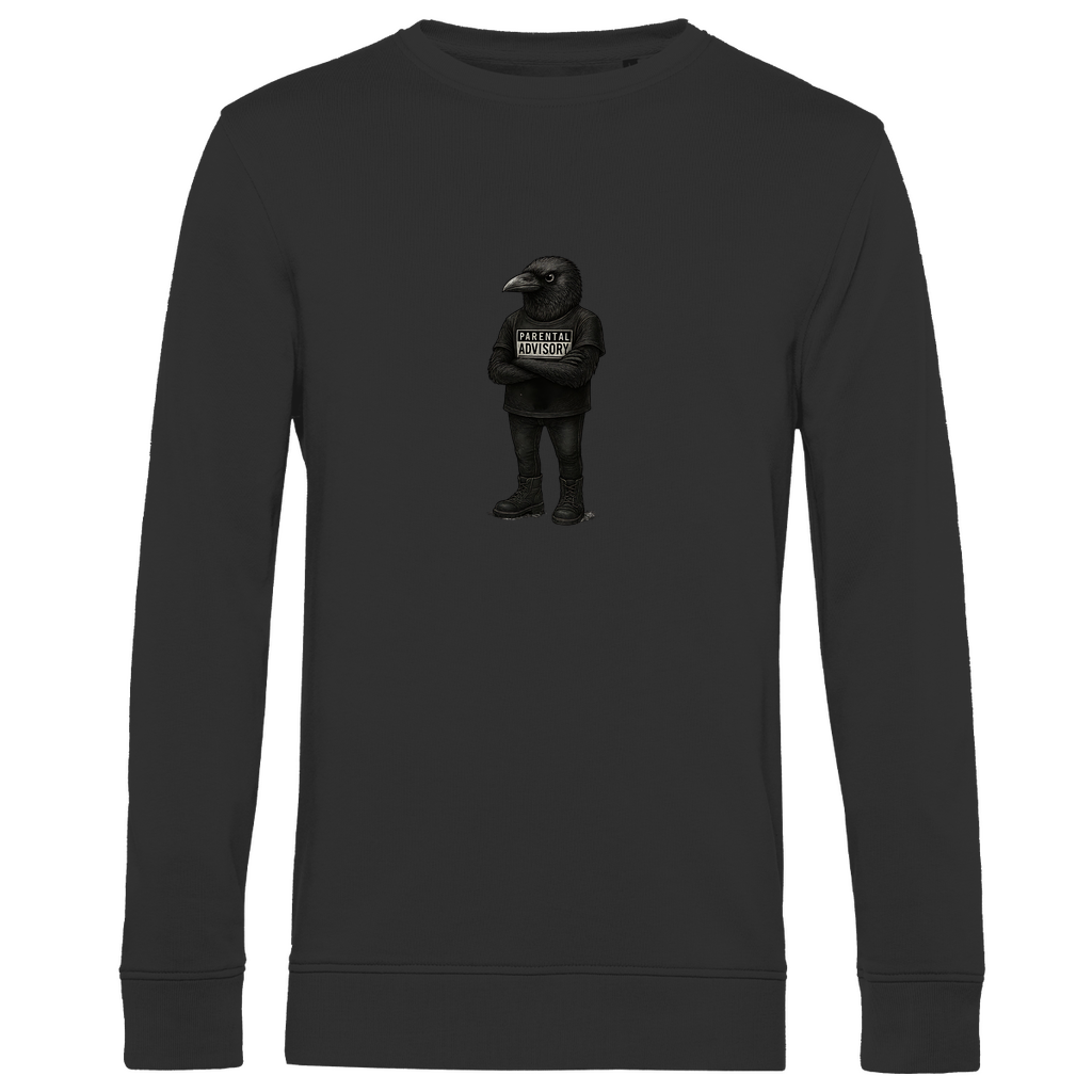 Herren Sweatshirt "Bird of Dadness" aus Bio-Baumwolle in Schwarz mit gezeichneter Rabenillustration und Parental Advisory Motiv – stylischer Look für moderne Männer