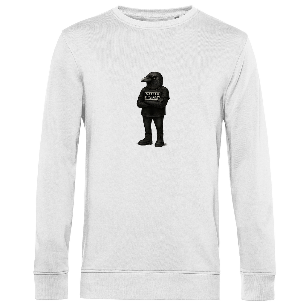 Herren Sweatshirt "Bird of Dadness" aus Bio-Baumwolle in Weiß mit gezeichneter Rabenillustration und Parental Advisory Motiv – stylischer Look für moderne Männer