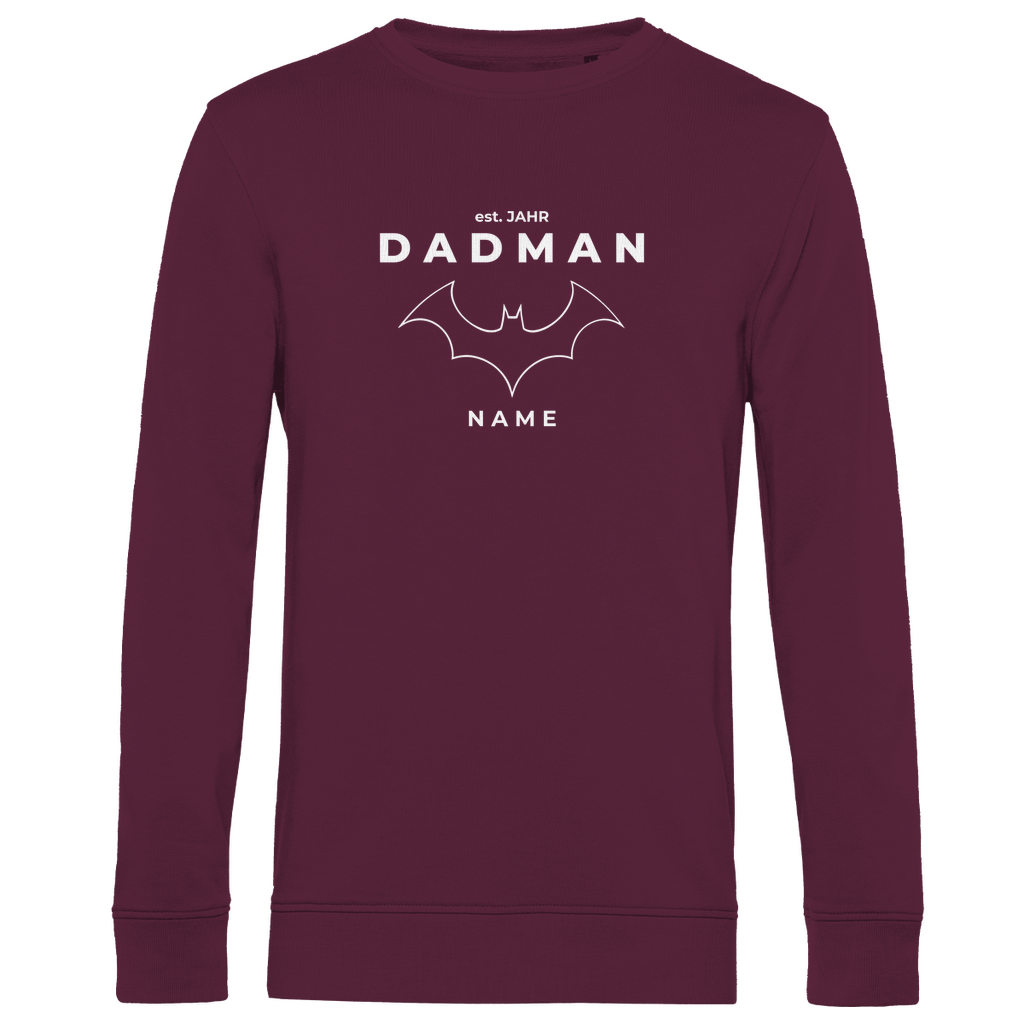 Sweatshirt Herren „DADMAN“ personalisierbar aus Bio-Baumwolle in Burgundy Weinrot – dezentes Superhelden-Design mit Rundhals, für Papas mit Stil