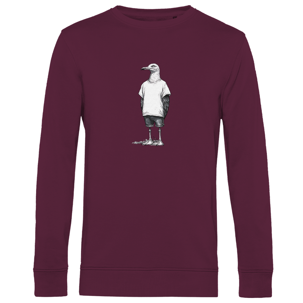 Sweatshirt Herren "Küstenvogel" aus Bio-Baumwolle in Burgundy Rot mit gezeichneter Möwe auf der Brust – modisches Statement für stilbewusste Männer