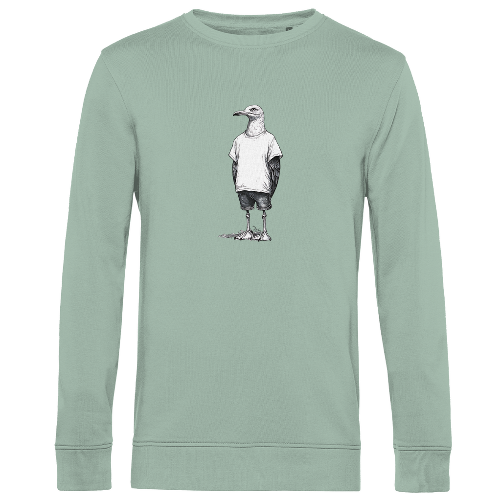 Sweatshirt Herren "Küstenvogel" aus Bio-Baumwolle in Sage mit gezeichneter Möwe auf der Brust – modisches Statement für stilbewusste Männer