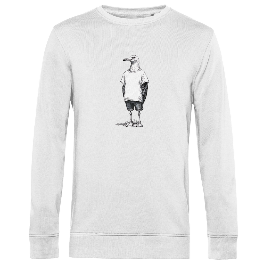 Sweatshirt Herren "Küstenvogel" aus Bio-Baumwolle in Weiß mit gezeichneter Möwe auf der Brust – modisches Statement für stilbewusste Männer