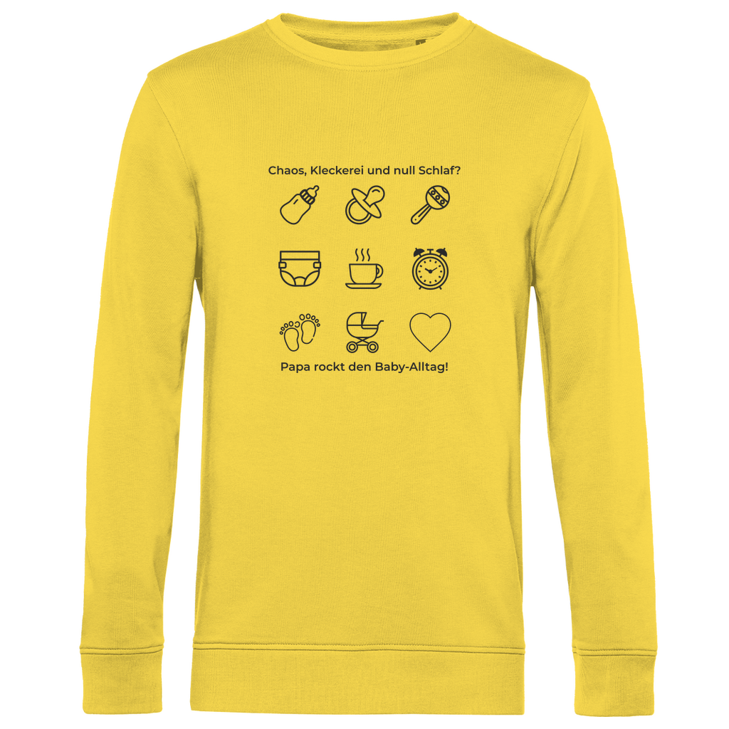 Sweatshirt Herren "Papa rockt das Chaos" aus Bio-Baumwolle in Gelb mit Alltags-Symbolik für Väter – stilvoller Rundhals-Pullover für Papas mit Haltung ideal als Geschenk zum Vatertag oder Geburtstag