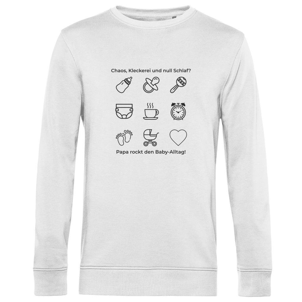 Sweatshirt Herren "Papa rockt das Chaos" aus Bio-Baumwolle in Weiß mit Alltags-Symbolik für Väter – stilvoller Rundhals-Pullover für Papas mit Haltung ideal als Geschenk zum Vatertag oder Geburtstag
