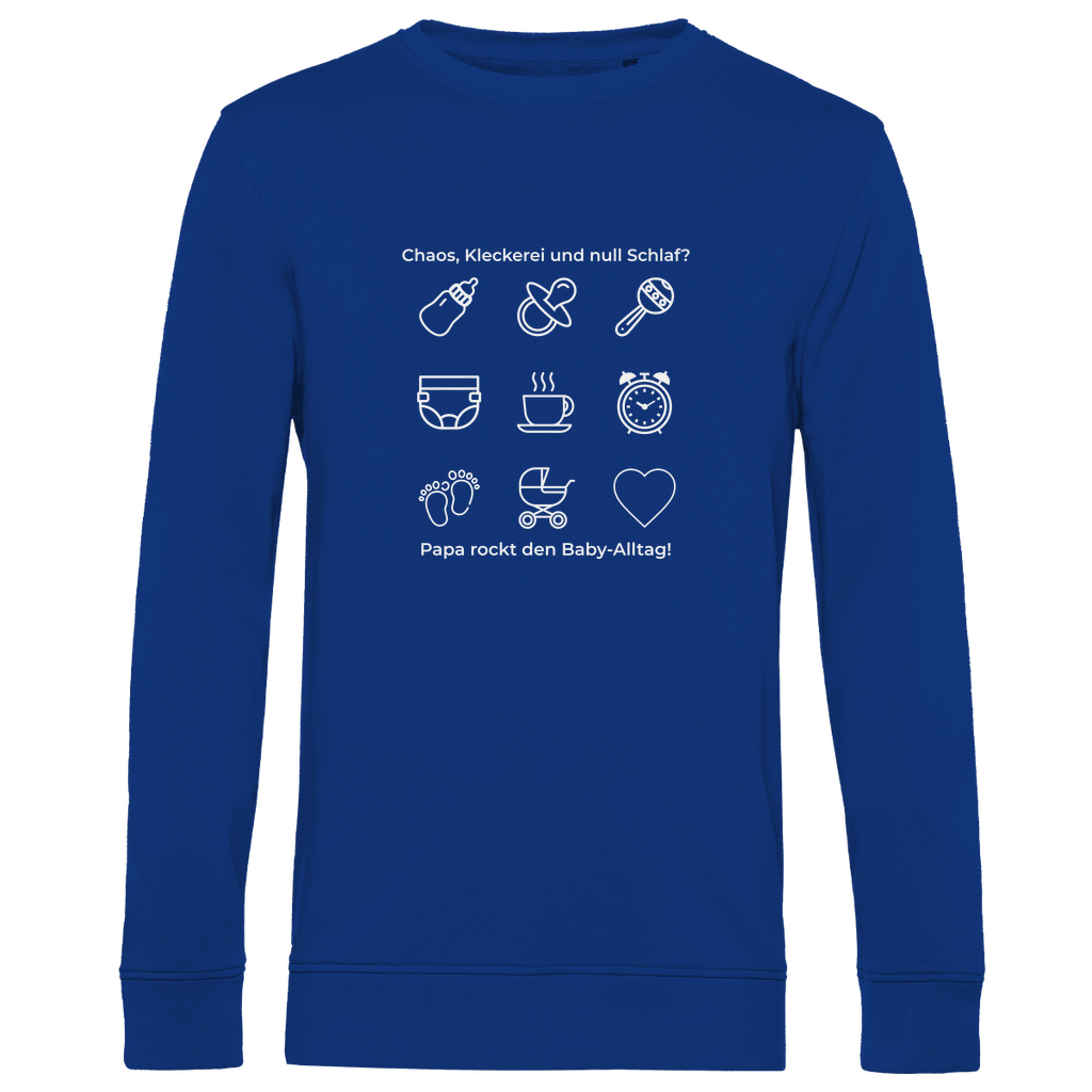 Sweatshirt Herren "Papa rockt das Chaos" in Blau mit klarem Motiv – Teil der Dark Collection für Väter mit Stil, Humor und Substanz. Ideal als Geschenk zum Geburtstag oder Vatertag.