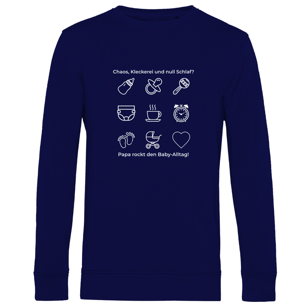 Sweatshirt Herren "Papa rockt das Chaos" in Navy Blau mit klarem Motiv – Teil der Dark Collection für Väter mit Stil, Humor und Substanz. Ideal als Geschenk zum Geburtstag oder Vatertag.