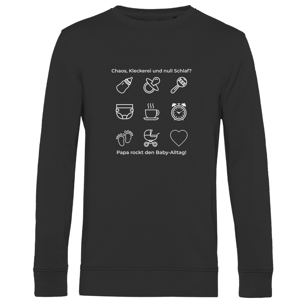 Sweatshirt Herren "Papa rockt das Chaos" in Schwarz mit klarem Motiv – Teil der Dark Collection für Väter mit Stil, Humor und Substanz. Ideal als Geschenk zum Geburtstag oder Vatertag.
