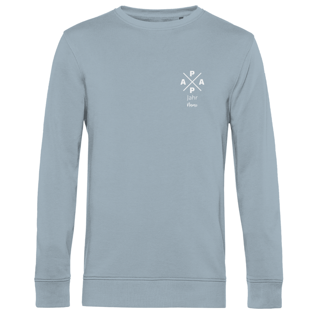 Sweatshirt Herren "PAPA X Mini" personalisierbar aus Bio-Baumwolle in Hellblau – minimalistisches Design für Väter, mit Namen und Geburtsjahr veredelbar.