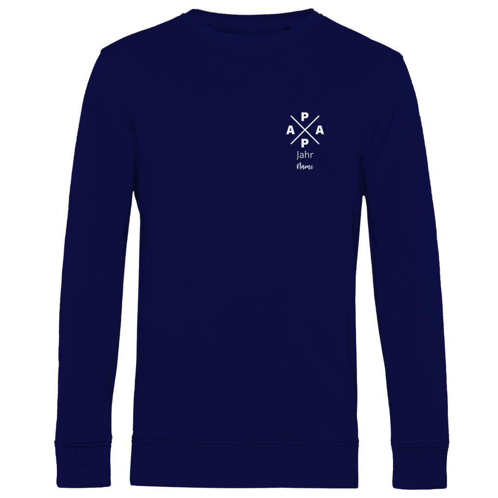 Sweatshirt Herren "PAPA X Mini" personalisierbar aus Bio-Baumwolle in Navy Blau – minimalistisches Design für Väter, mit Namen und Geburtsjahr veredelbar.