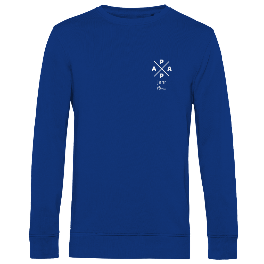 Sweatshirt Herren "PAPA X Mini" personalisierbar aus Bio-Baumwolle in Royal Blau – minimalistisches Design für Väter, mit Namen und Geburtsjahr veredelbar.