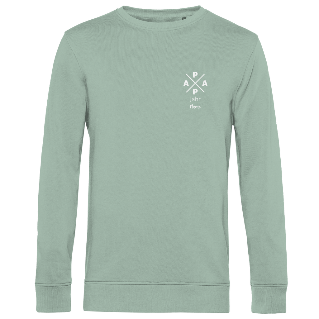 Sweatshirt Herren "PAPA X Mini" personalisierbar aus Bio-Baumwolle in Sage – minimalistisches Design für Väter, mit Namen und Geburtsjahr veredelbar.