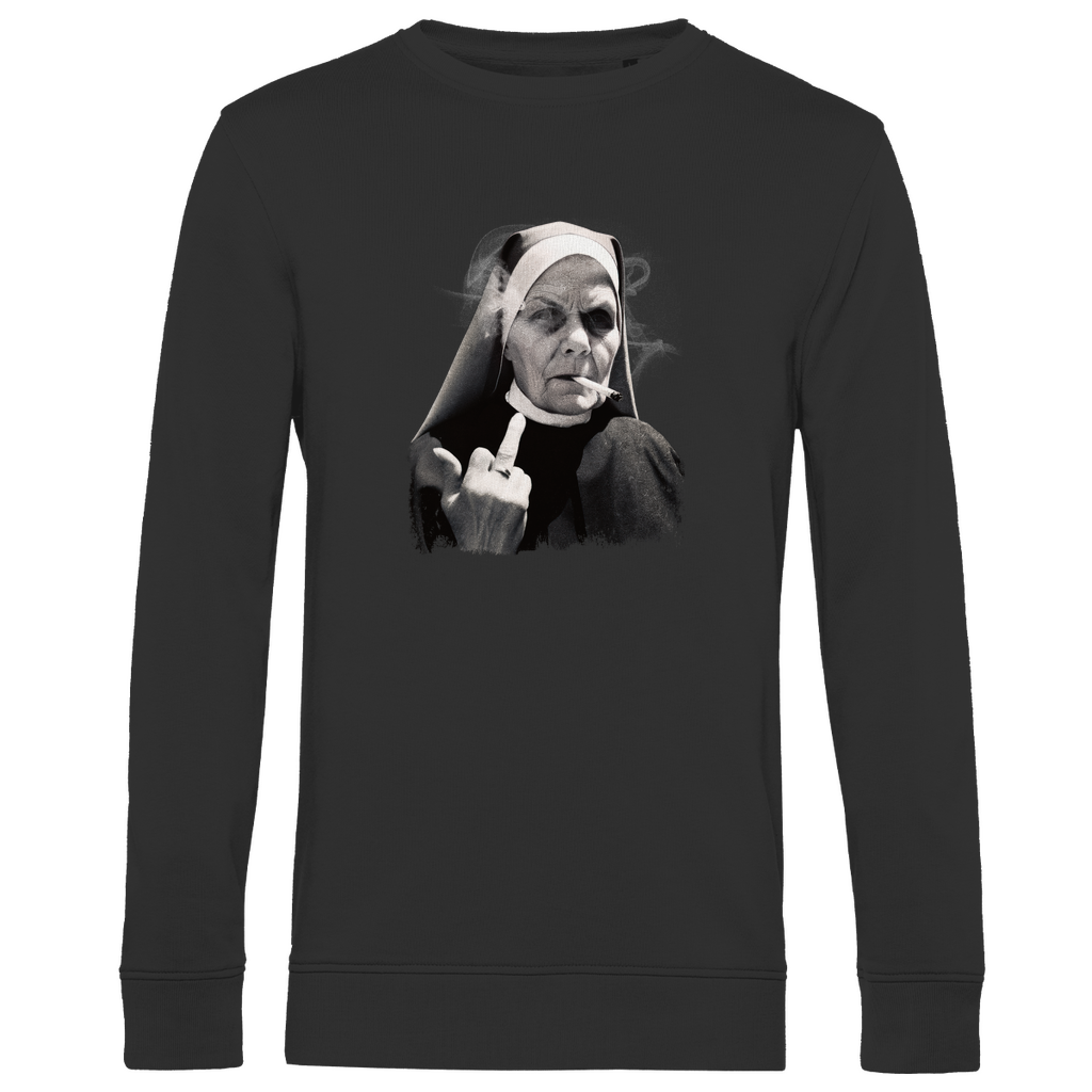 Sweatshirt Herren „Rebellische Nonne“ aus Bio-Baumwolle in Schwarz – illustrativer Rundhals-Pullover mit provokantem Nonnenmotiv für Männer mit Haltung