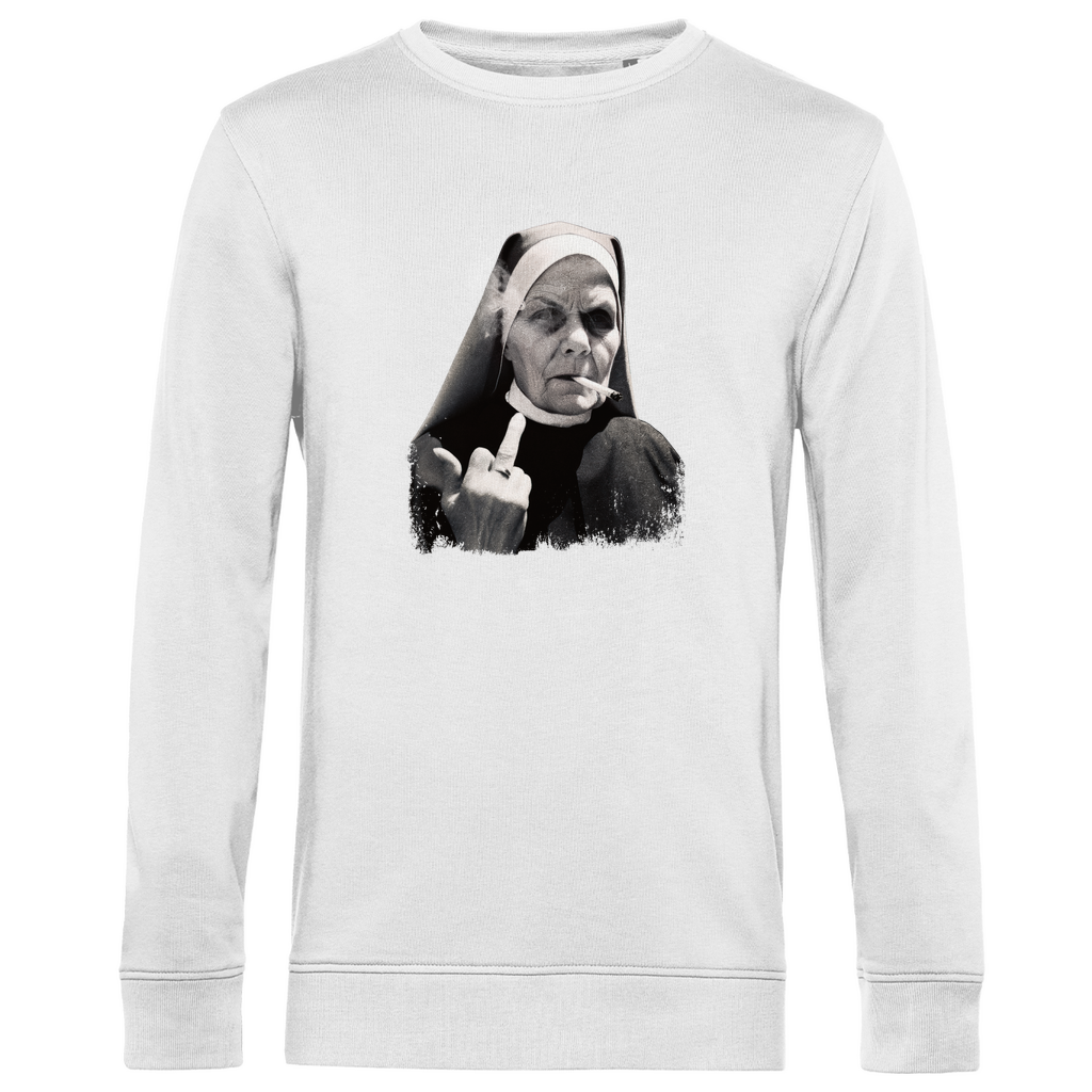 Sweatshirt Herren „Rebellische Nonne“ aus Bio-Baumwolle in Weiß – illustrativer Rundhals-Pullover mit provokantem Nonnenmotiv für Männer mit Haltung