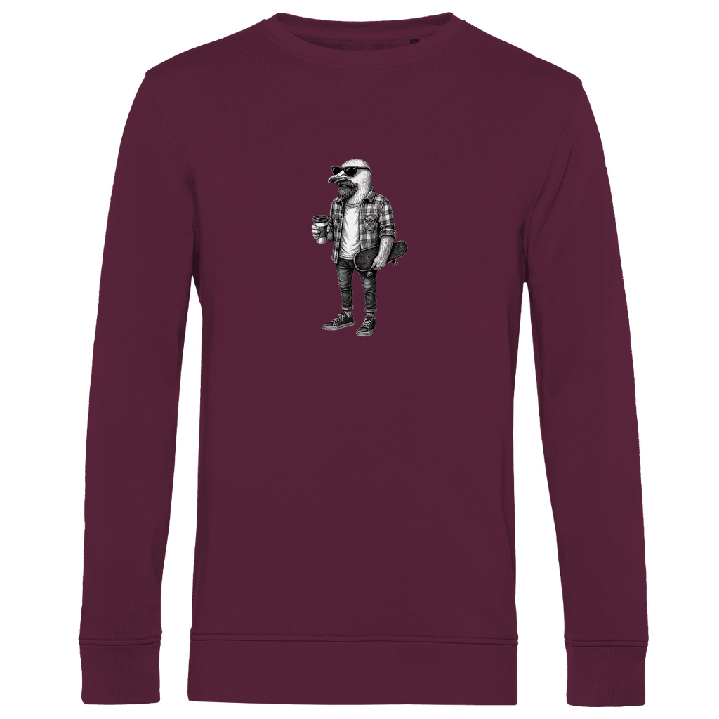 Herren Sweatshirt "Seaside Dude" aus Bio-Baumwolle in Burgundy Weinrot mit gezeichneter Möwe im urbanen Stil – stilvoller Look mit Humor