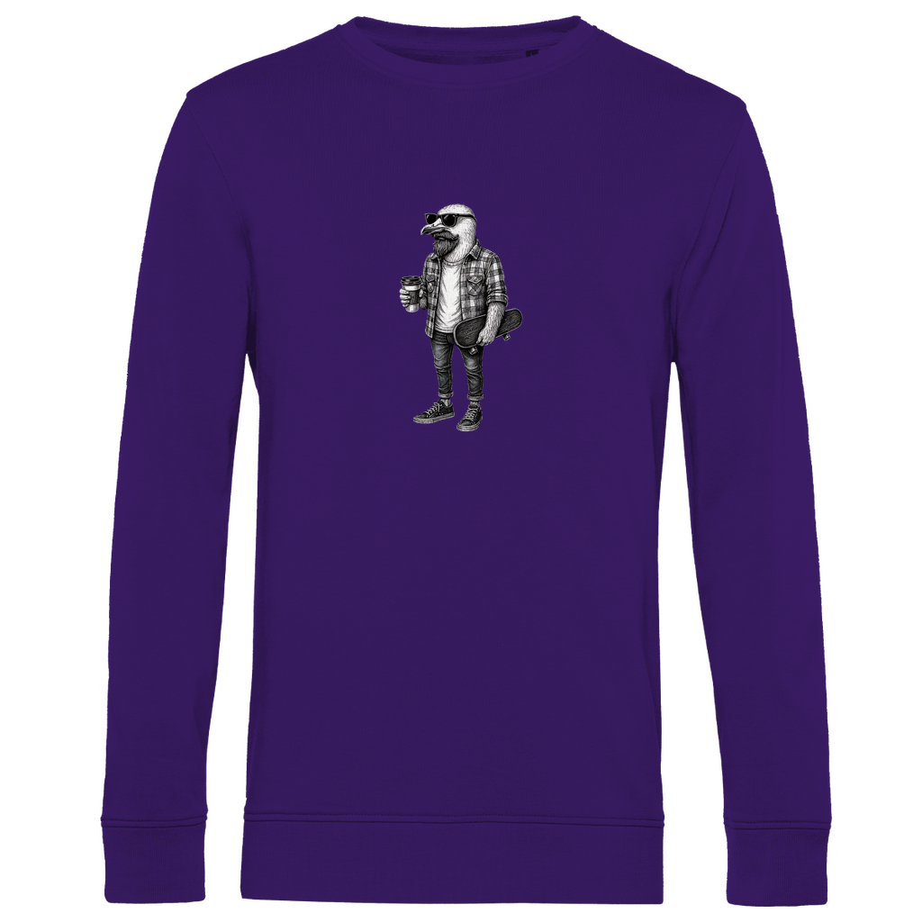 Herren Sweatshirt "Seaside Dude" aus Bio-Baumwolle in Lila mit gezeichneter Möwe im urbanen Stil – stilvoller Look mit Humor