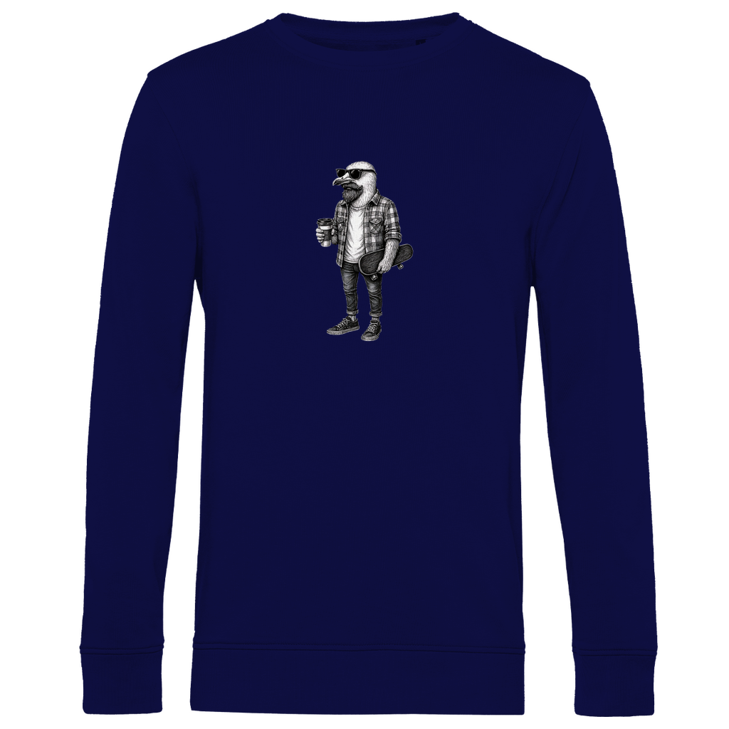 Herren Sweatshirt "Seaside Dude" aus Bio-Baumwolle in Navy Blau mit gezeichneter Möwe im urbanen Stil – stilvoller Look mit Humor