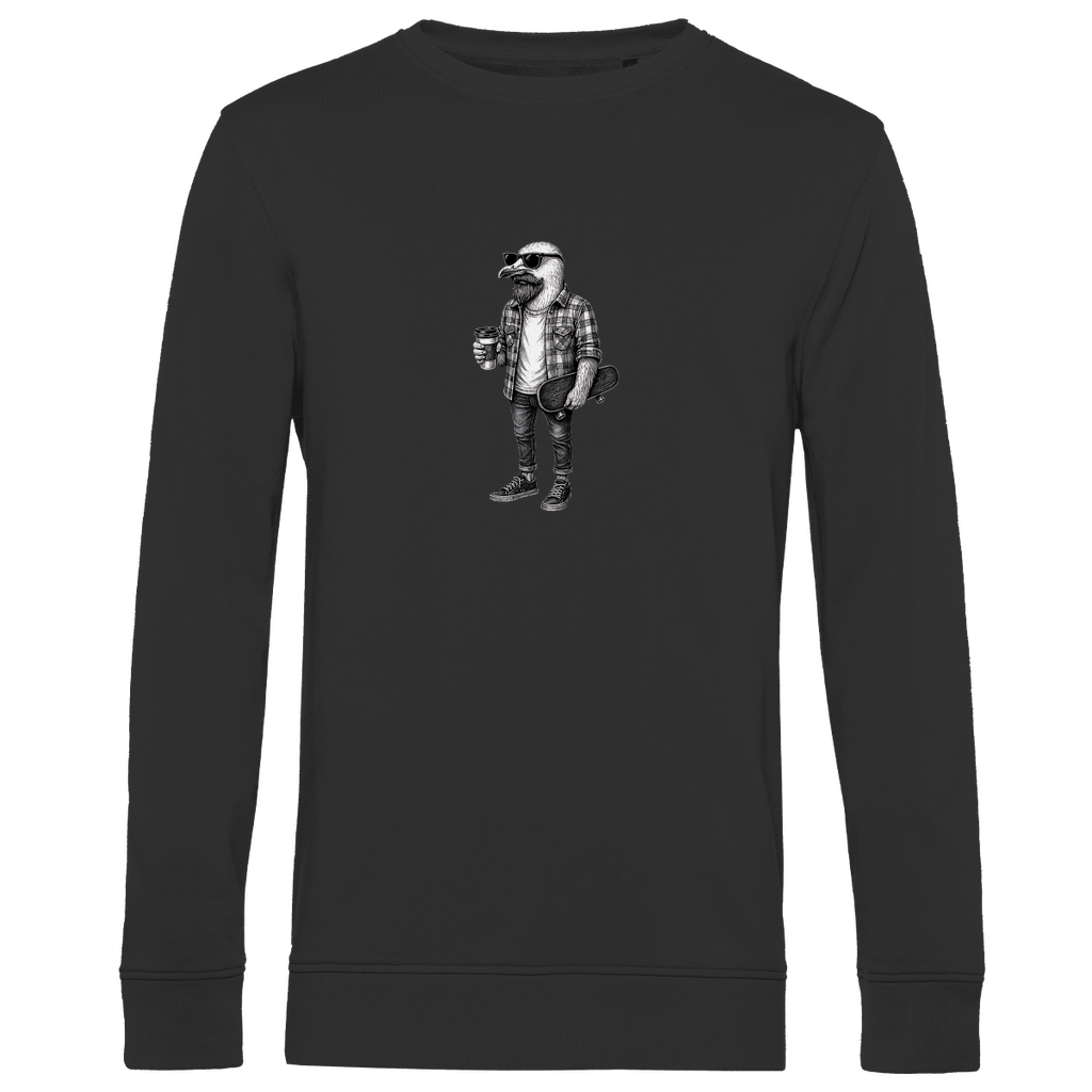 Herren Sweatshirt "Seaside Dude" aus Bio-Baumwolle in Schwarz mit gezeichneter Möwe im urbanen Stil – stilvoller Look mit Humor