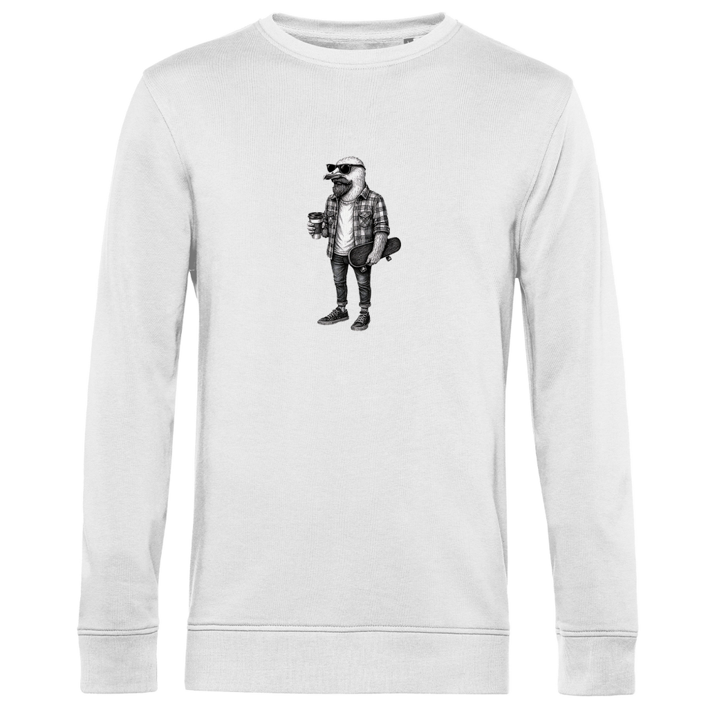 Herren Sweatshirt "Seaside Dude" aus Bio-Baumwolle in Weiß mit gezeichneter Möwe im urbanen Stil – stilvoller Look mit Humor