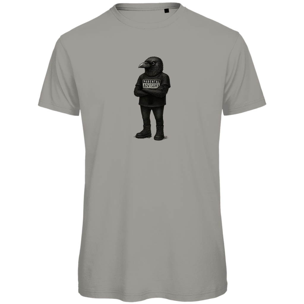 T-Shirt Herren "Bird of Dadness" aus Bio-Baumwolle in Grau mit gezeichneter Rabenillustration und Parental Advisory Motiv – stylisches Design für moderne Väter