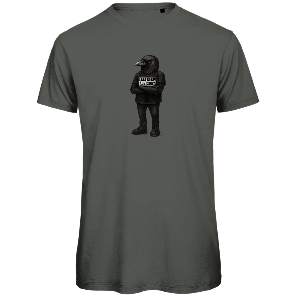 T-Shirt Herren "Bird of Dadness" aus Bio-Baumwolle in Khaki Olivgrau mit gezeichneter Rabenillustration und Parental Advisory Motiv – stylisches Design für moderne Väter