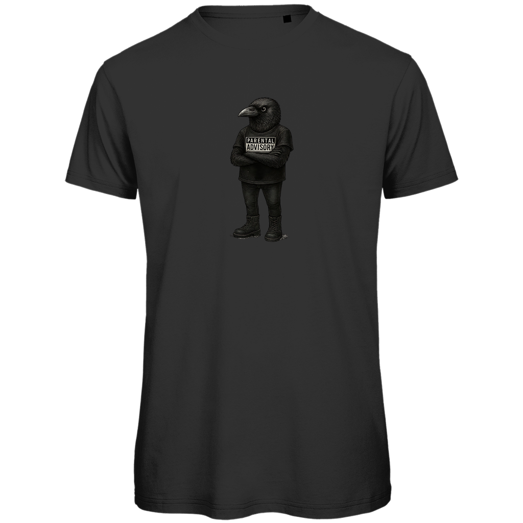 T-Shirt Herren "Bird of Dadness" aus Bio-Baumwolle in Schwarz mit gezeichneter Rabenillustration und Parental Advisory Motiv – stylisches Design für moderne Väter