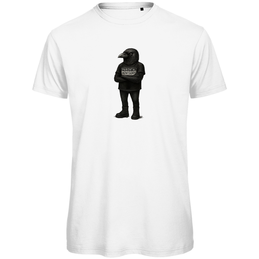 T-Shirt Herren "Bird of Dadness" aus Bio-Baumwolle in Weiß mit gezeichneter Rabenillustration und Parental Advisory Motiv – stylisches Design für moderne Väter