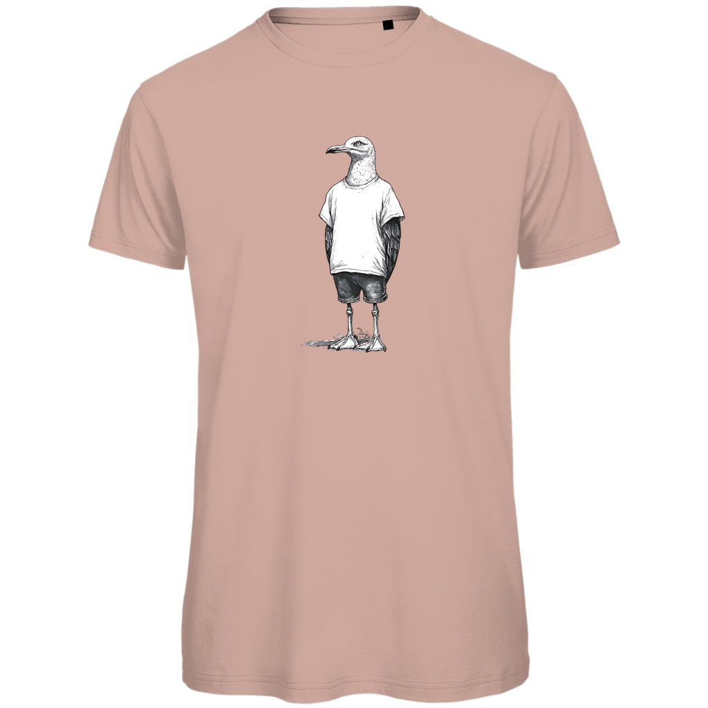T-Shirt Herren "Küstenvogel" aus Bio-Baumwolle in Altrosa mit gezeichneter Möwe im T-Shirt und Shorts – humorvolles Design für stilbewusste Männer