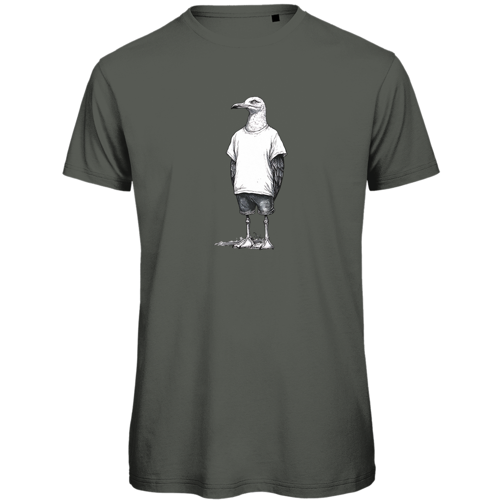 T-Shirt Herren "Küstenvogel" aus Bio-Baumwolle in Khaki olivgrau mit gezeichneter Möwe im T-Shirt und Shorts – humorvolles Design für stilbewusste Männer