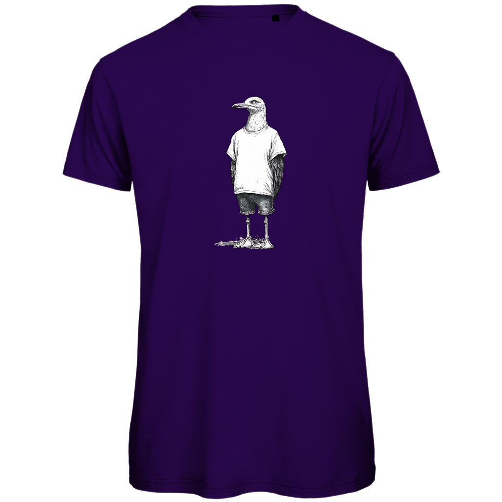 T-Shirt Herren "Küstenvogel" aus Bio-Baumwolle in Lila mit gezeichneter Möwe im T-Shirt und Shorts – humorvolles Design für stilbewusste Männer