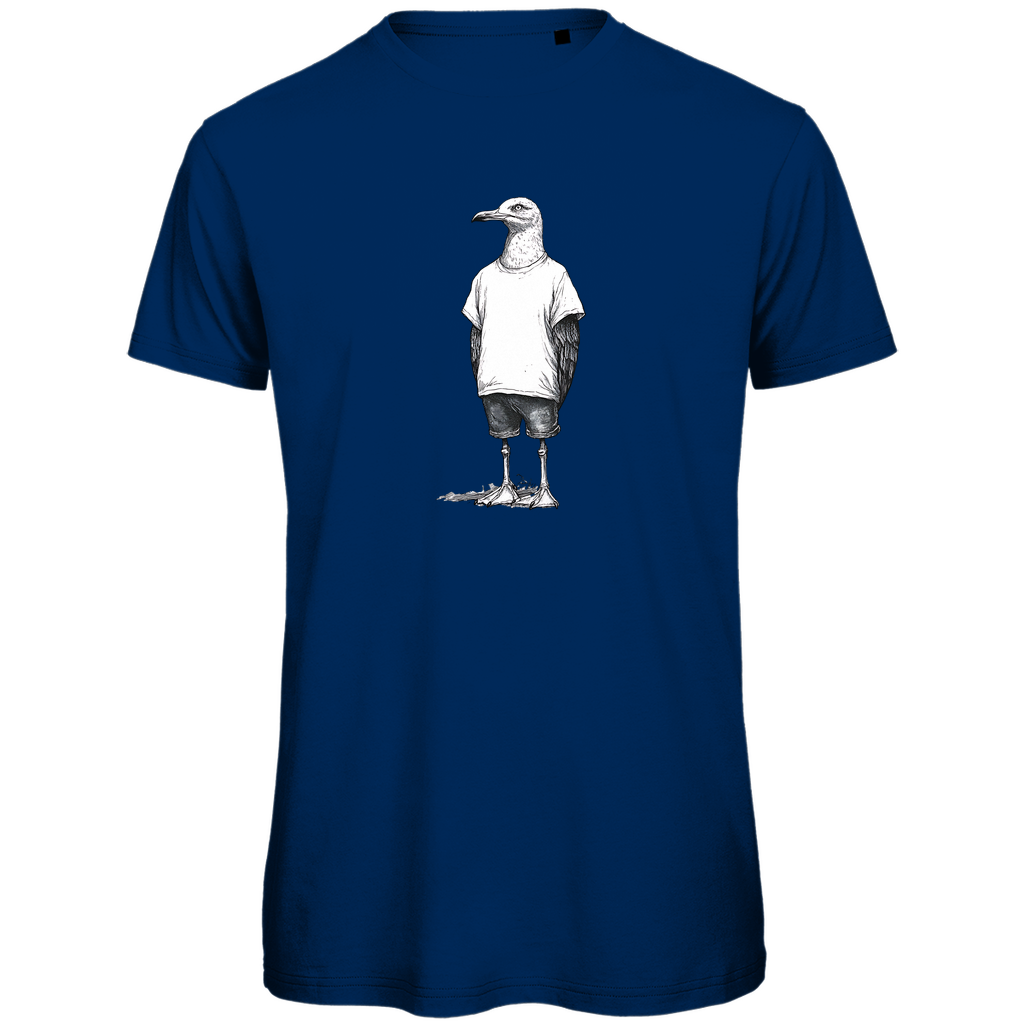 T-Shirt Herren "Küstenvogel" aus Bio-Baumwolle in Navy Blau mit gezeichneter Möwe im T-Shirt und Shorts – humorvolles Design für stilbewusste Männer