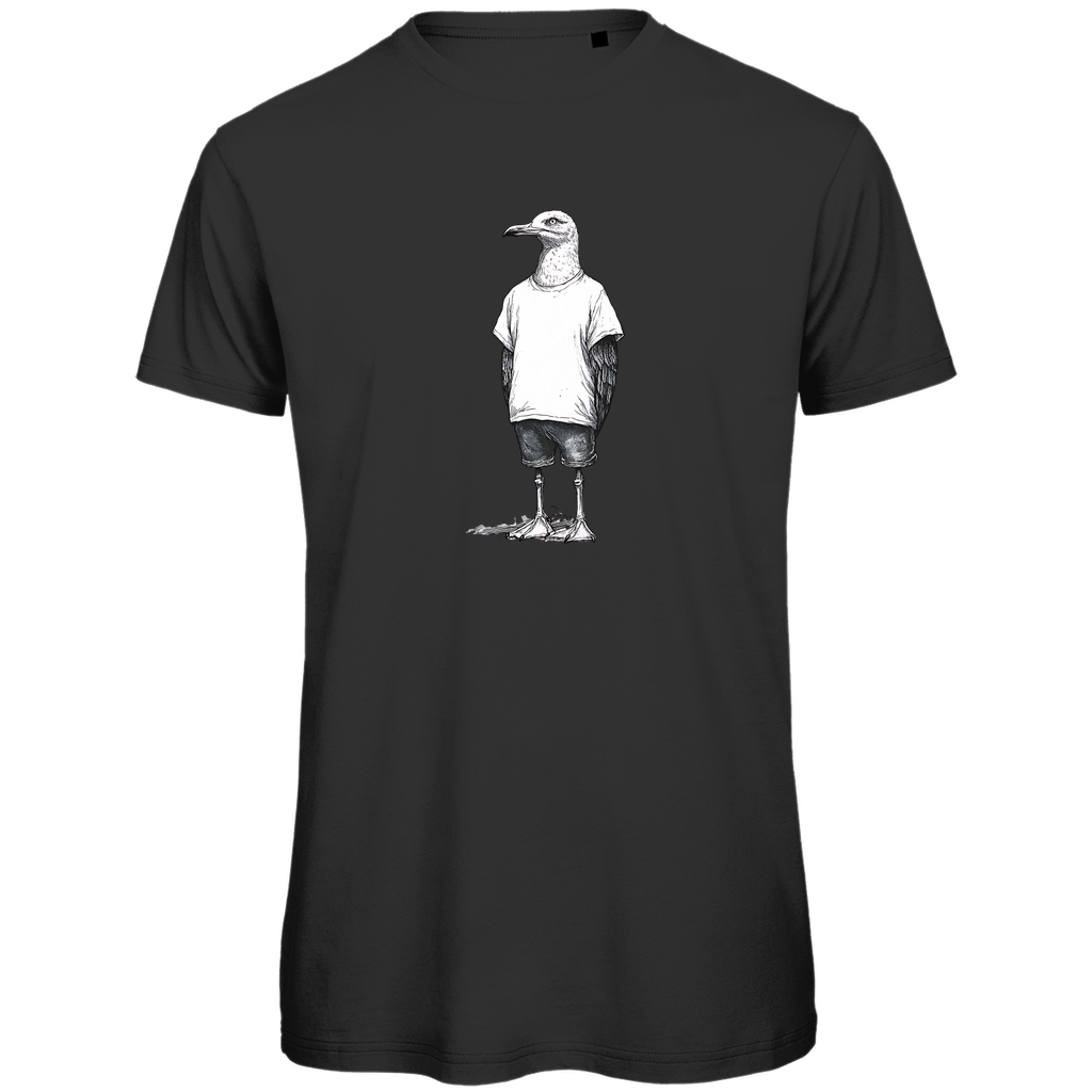T-Shirt Herren "Küstenvogel" aus Bio-Baumwolle in Schwarz mit gezeichneter Möwe im T-Shirt und Shorts – humorvolles Design für stilbewusste Männer